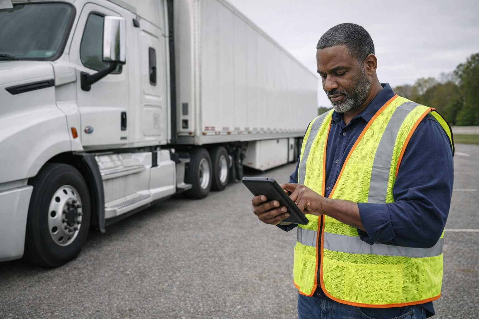 Commercial truck driver using a tablet beside a truck.